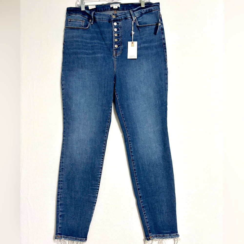 Good American Super Skinny Sculpt Button fly jeans Raw hem size 18 NWT